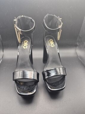 GBG Los Angeles Black Patent Ankle-Strap Platform Sandals
